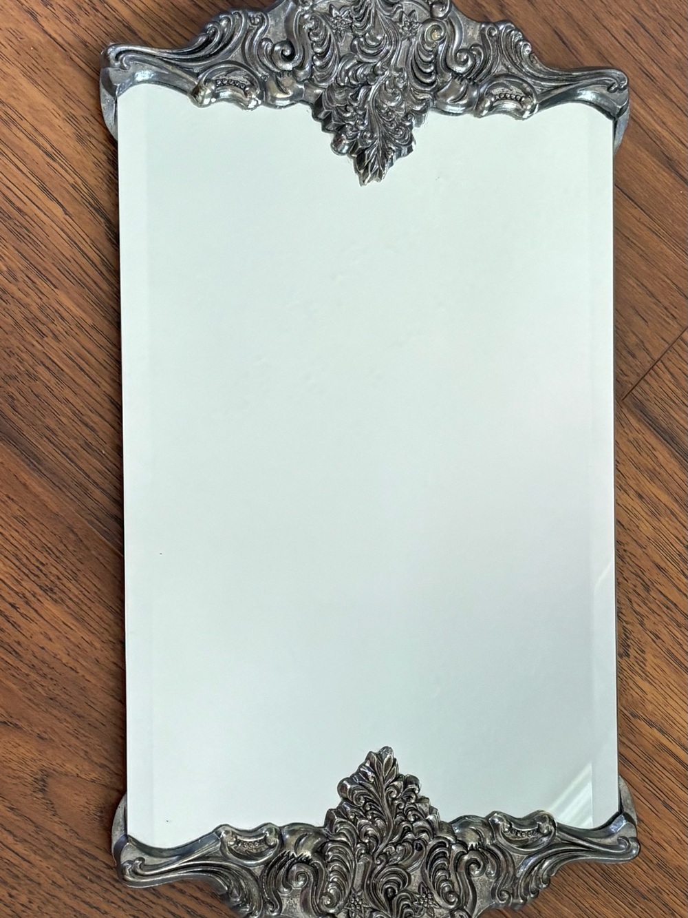 Ornate Victorian Silver Metal Frame Beveled Accent Tray Mirror
